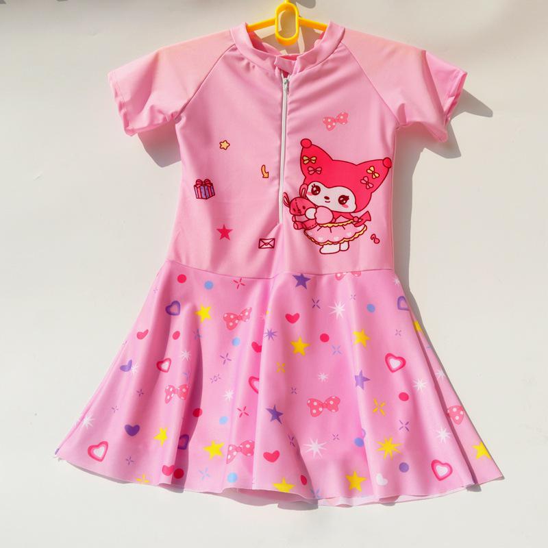 Children's Kuromi Cartoon One-Piece Princess Swimsuit, Medium to Large, Half Sleeve for Hot Springs
