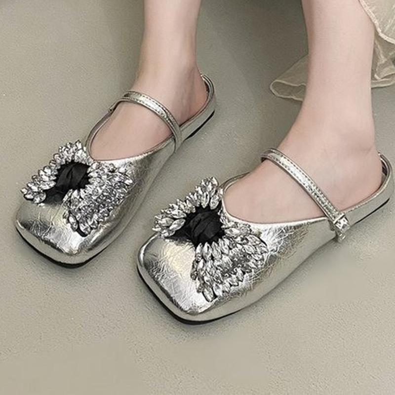 

Fashion Crystal Flats Women Slippers Designer Square Toe Slingback Shoes Woman Summer Sandals 2025 Trend Brand Walking Cozy Lady Shoes 35 серебряный