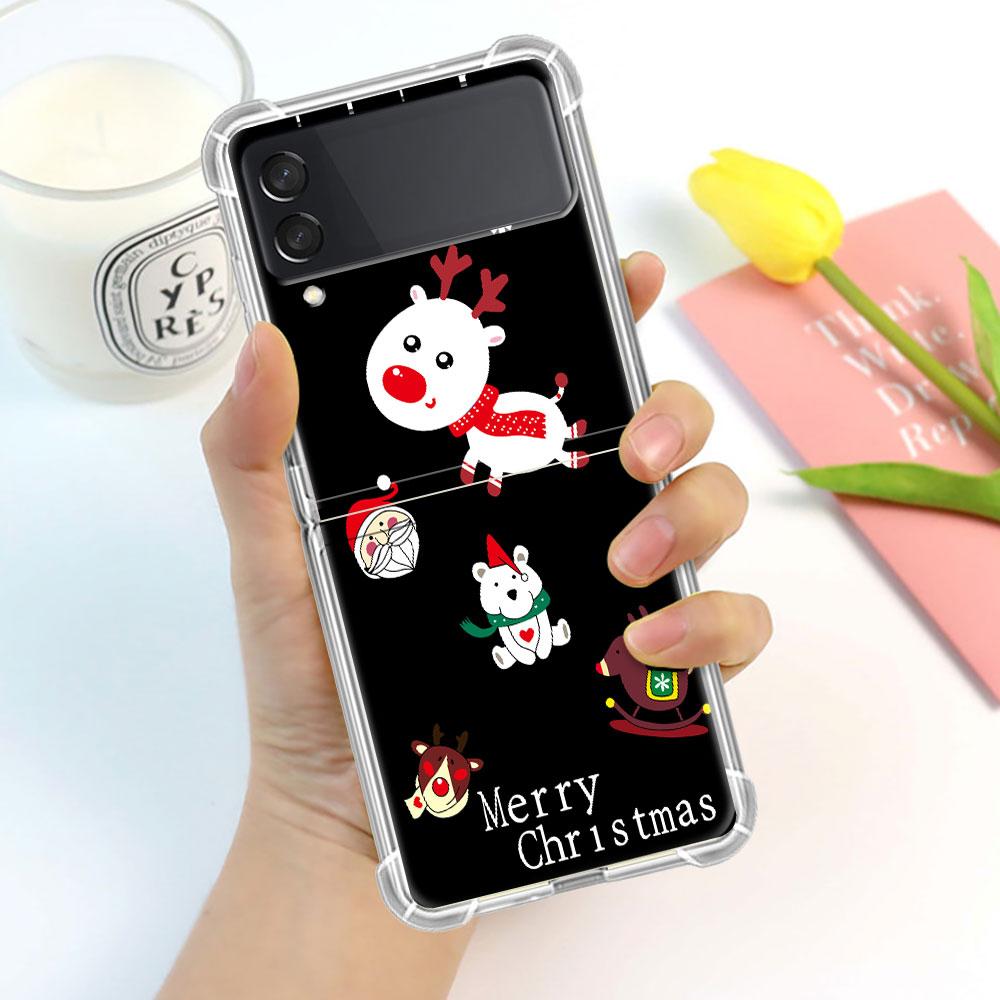 Luxury Case For Samsung Galaxy Z Flip 3 4 5G Funda Z Flip3 Clear PC Hard Shockproof Back Phone Shell Snowman Christmas Cartoon