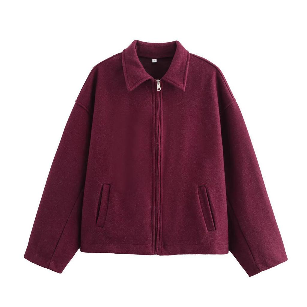 Women Vintage Lapel Zipper Cropped Jacket Casual Loose Long Sleeve Short Outerwear Streetwear Coat