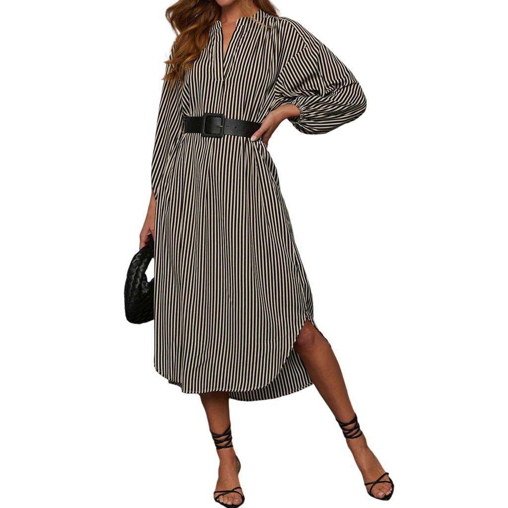 Women V Neck Loose Fit Striped Belted Shirt Dress Long Sleeve Casual Midi Dress with Vertical Stripe Pattern for Daily Wear