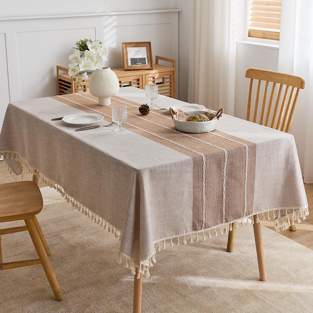 Tassel Tablecloth Cotton Linen Country Farmhouse Style Stain-Resistant Rectangle Table Cover Versatile for Dining Table Coffee Table Decoration