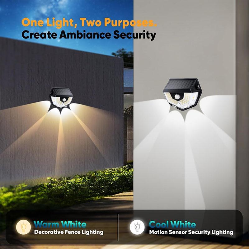 Solar Wall Lamp Motion Sensor Fence Light 270° Wide Angle IP65 Waterproof 3 Modes for Pathway Garage Deck Garden Yard
