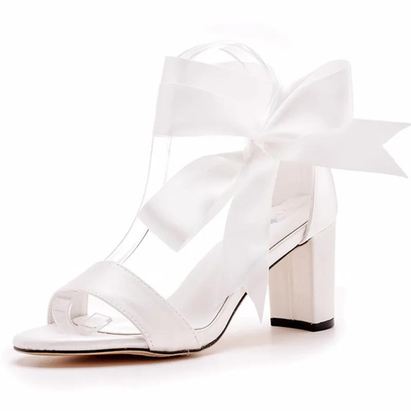 Summer Shoes For Women Sandal Silk 7CM Square Heel Riband Ankle Strap Bride Wedding Women's Shoe Ivory Evening Dress Pumps