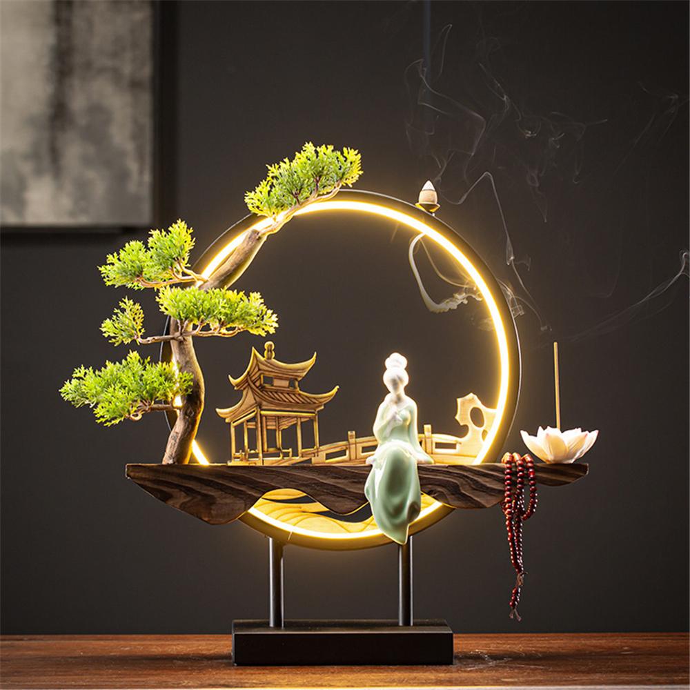 Led Light Backflow Incense Burner USB Light Circle Simulation Tree Ceramic Lotus Buddha Beads Home Office Decoration Furnishing