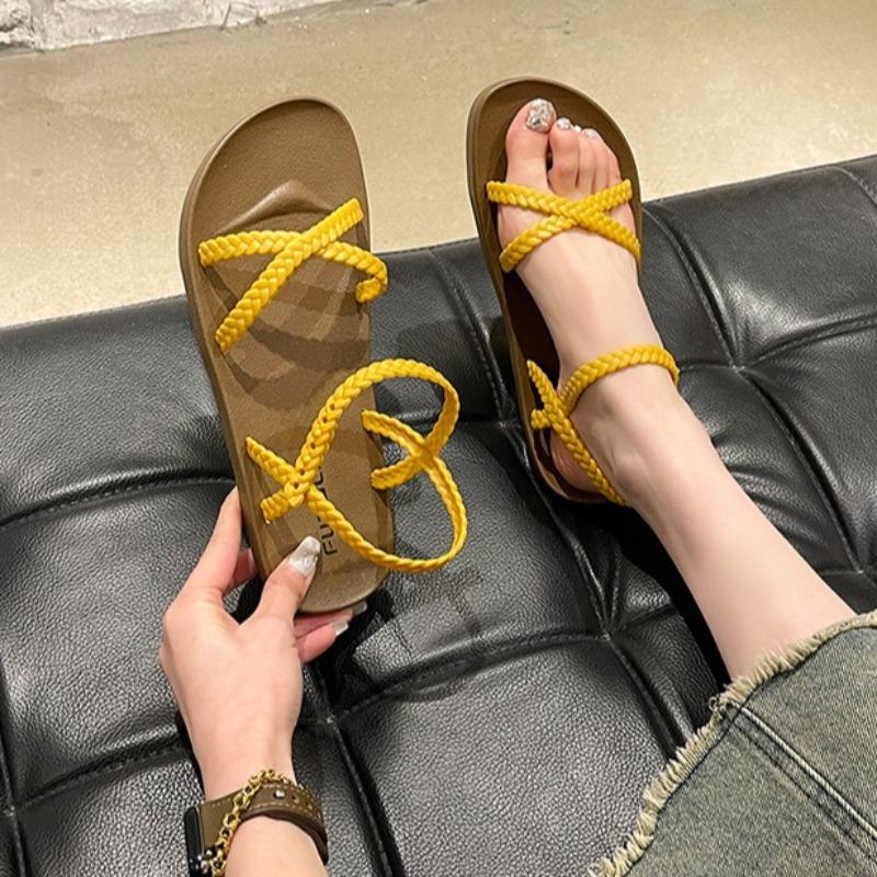 Comfortable Open-toed Women's Flat Sandals Korean Style Fashion Roman Beach Shoes Woven Cross Band Casual Sandals for Summer