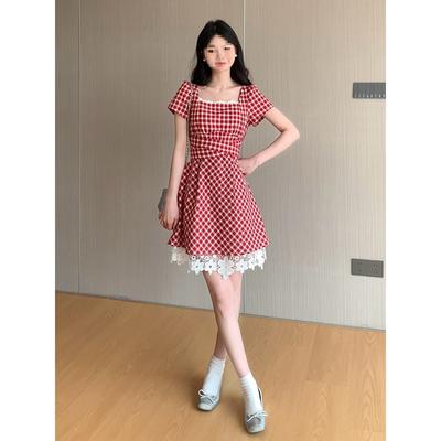 French Square Neck Red Plaid Dress Women's Summer Small Retro Dress