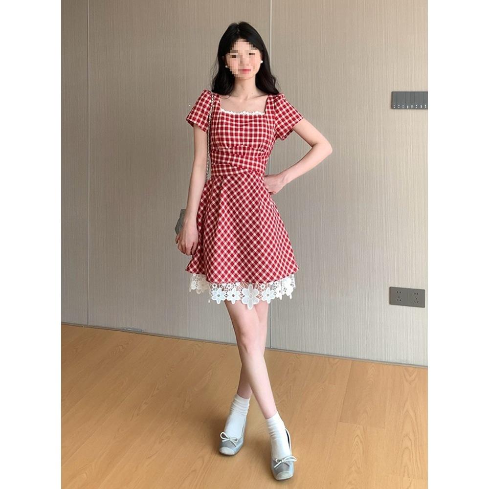 French square neck red plaid dress women's summer small retro dress