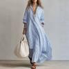 2026 European and American Vertical Striped Lapel Shirt-style Dress, Loose Shoulder Long-sleeved Lotus Leaf Pendulum Super Long Shirt Skirt