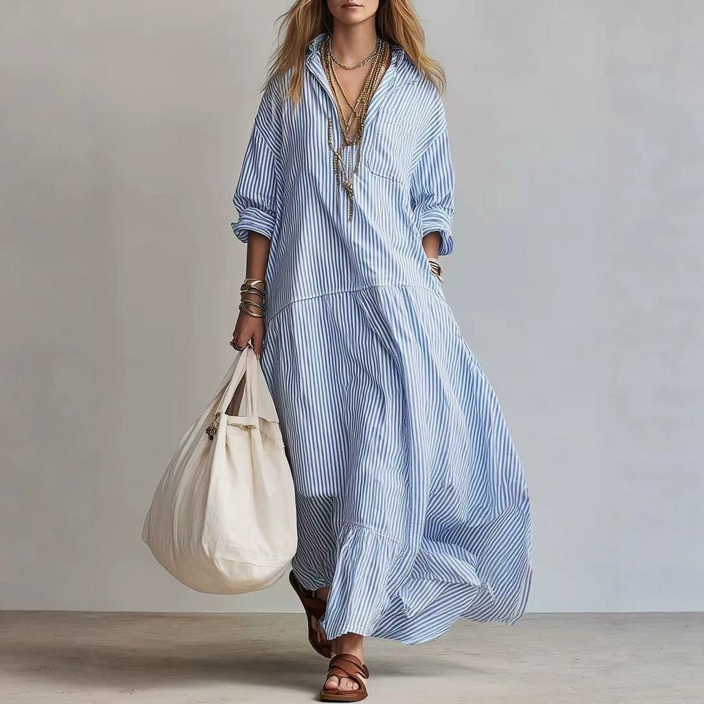 2026 European and American Vertical Striped Lapel Shirt-style Dress, Loose Shoulder Long-sleeved Lotus Leaf Pendulum Super Long Shirt Skirt