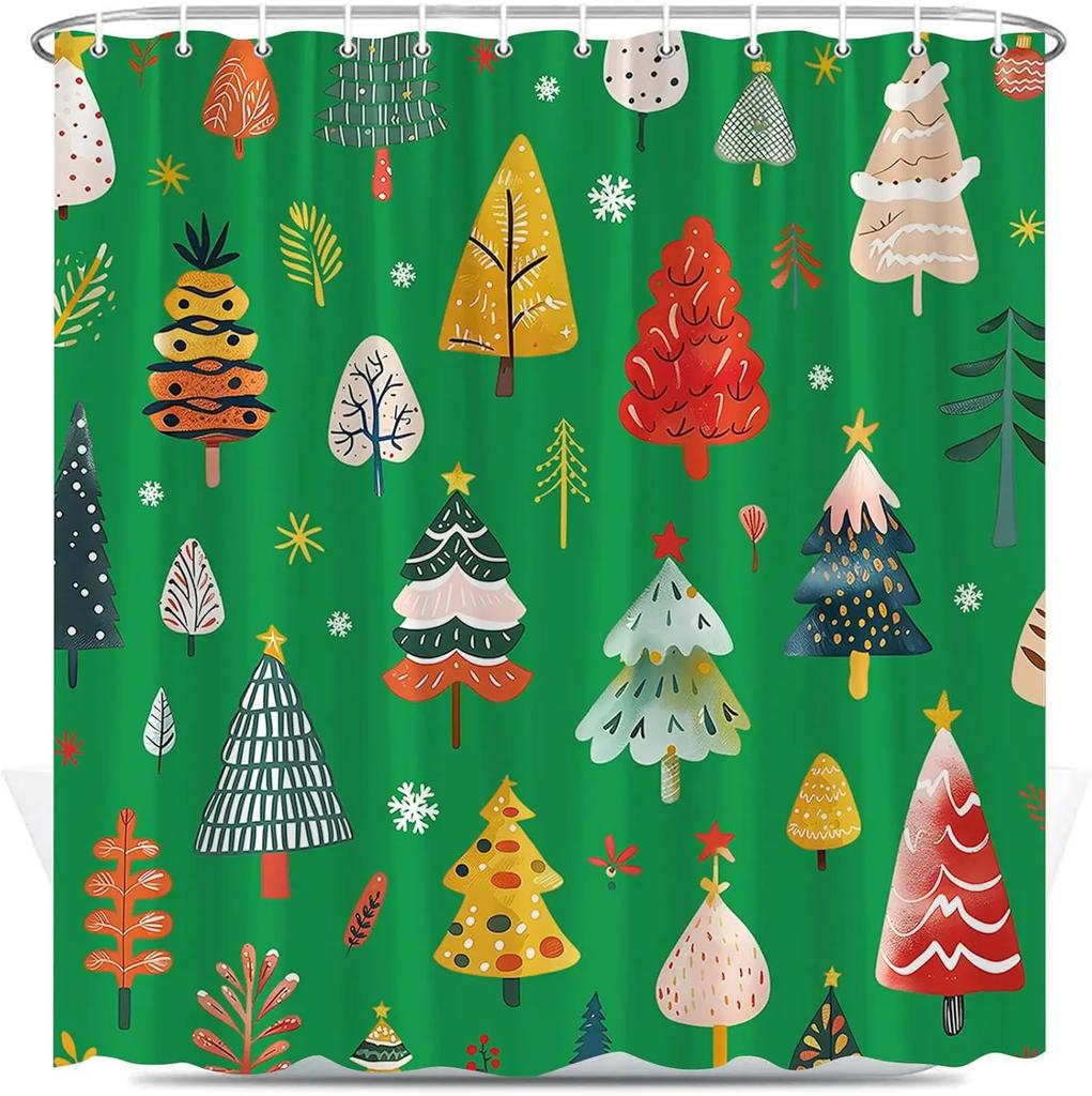 Christmas Tree Shower Curtain Cartoon Xmas Trees Winter Snowflake Cute Pine Fir Happy New Year Holiday Polyester Fabric Bathro