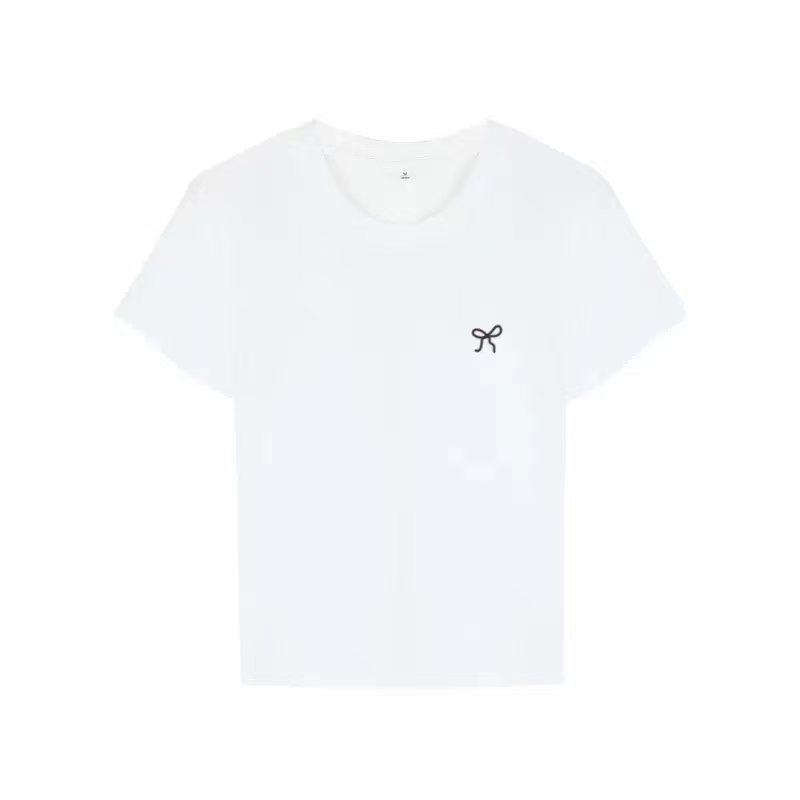 Bow Embroidered Short Sleeved T-shirt for Women In Summer Slim Fit Shoulder Up Student Round Neck Bottom Top Shirt