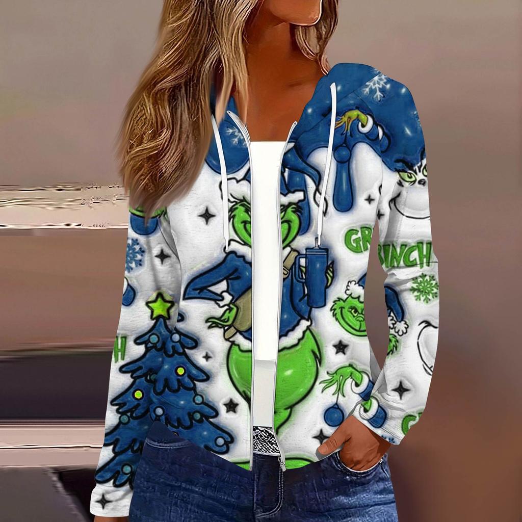 Dámská móda Vánoční potisk Ležérní rozepínací bunda s dlouhým rukávem a kapucí