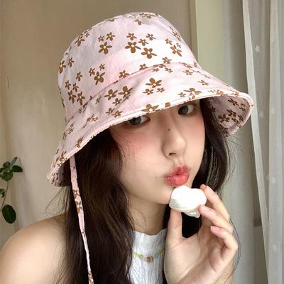 Sweet Flower Print Bucket Hat for Women Summer Large Brim Sunscreen Lace-Up Fisherman Cap Korean Girl Outdoor Basin Hat