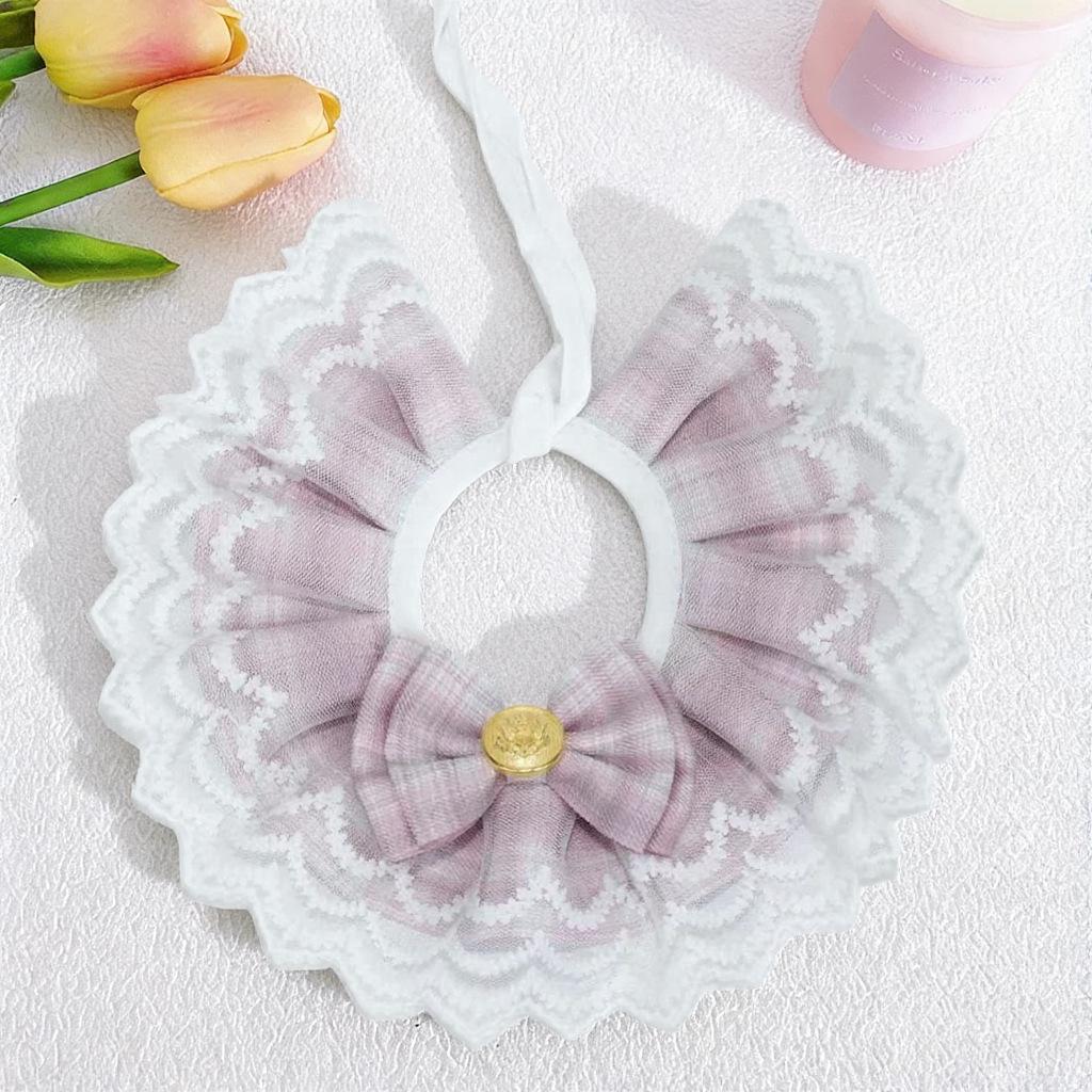 College Style Double Layer Gauze Bow Pet Bib with Lace Trim