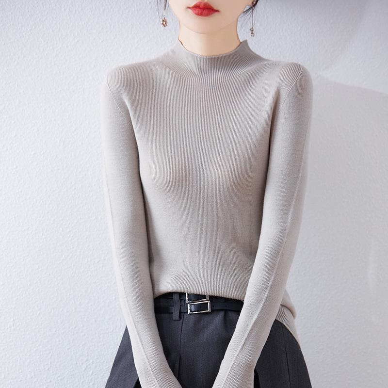 Women's Slim-Fit High-Neck Wool Sweater - Soft, Seamless Knit Base Layer for Autumn/Winter