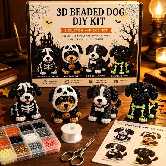 Crafts for Cat Dog Lovers 3D Halloween DIY Art Set, Beaded Puppy Craft Kit, Cute Funny Animal Theme Crafting Set Kit Beginners Adults, Home Desk Decor