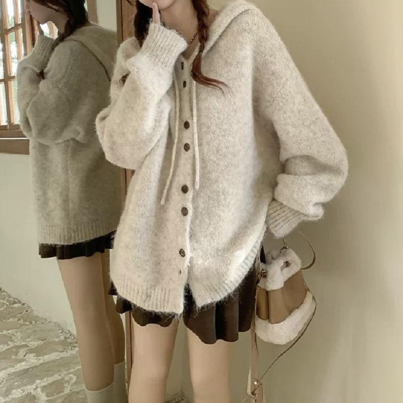 

Hooded button-knitted cardigan autumn and winter new large size loose college style versatile lazy solid color sweater jacket women 410-301 (average size) бежевий