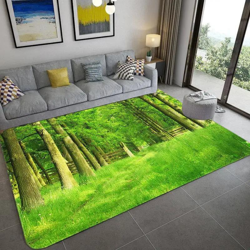 Green Forest Trees Flowers Streams Natural Landscape 3D Visual Effect Bedroom Non-slip Floor Mat Bathroom Large Size Mat