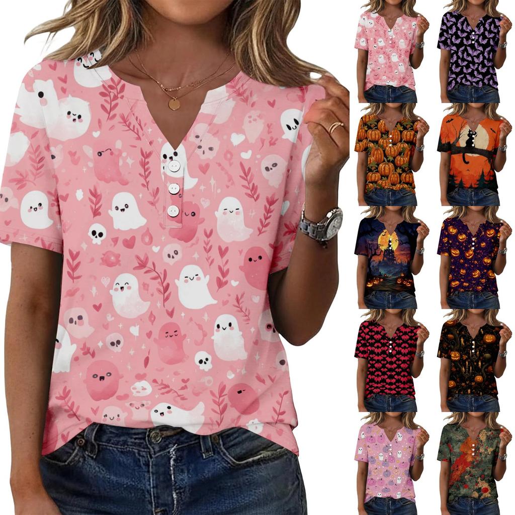 Women’s Casual Halloween Print V Neck Short Sleeve T Shirt Top with Decorative Button for Everyday Wear