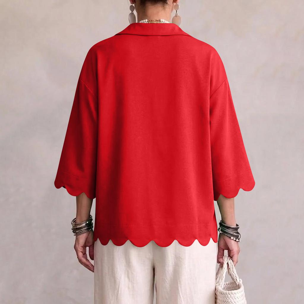 Women's V Neck Loose Fit Casual Blouse, Color Scalloped Hem Top