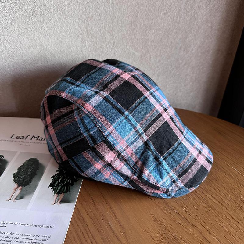 Grid Clashing Color Summer Breathable Cotton Blended Beret Hat Fashion Women