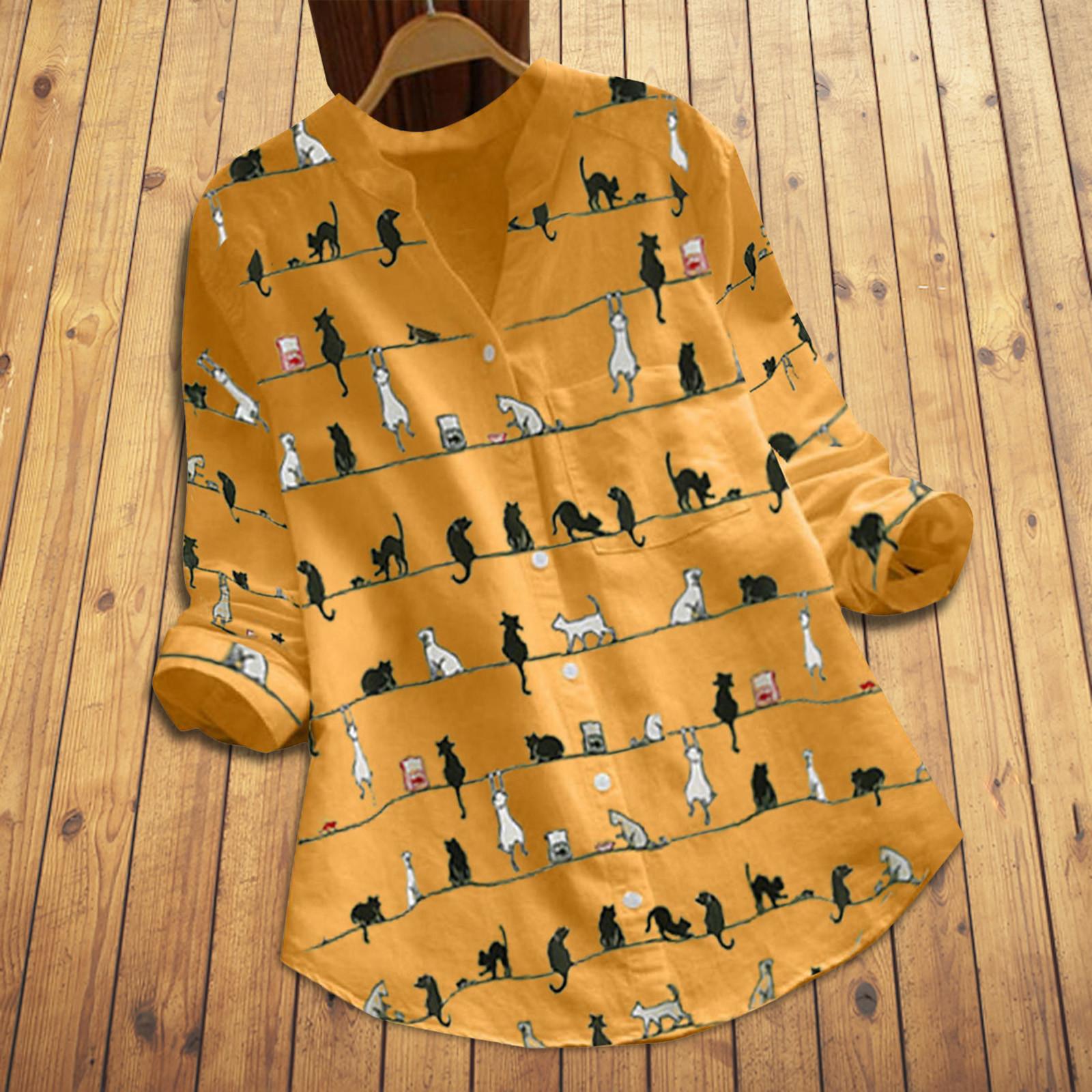 Women Casual Print Long Sleeve V-Neck Button Loose Shirt Top Blouse XXXXXL