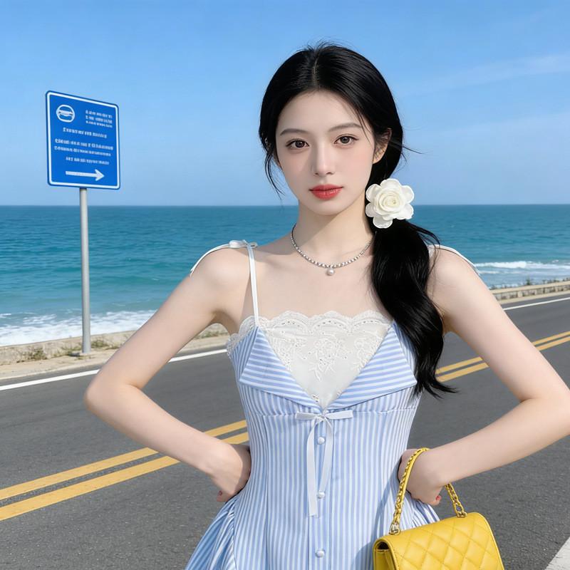Summer Stripe Spliced Aline Dress With Sleeveless Design For Casual Women