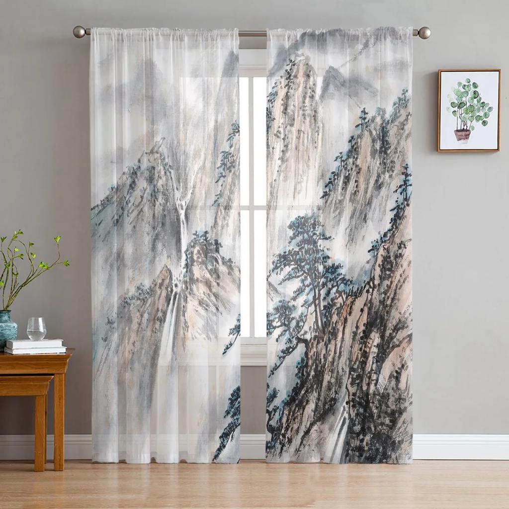 Landscape Ink Painting Tulle Window Curtains Living Room Organza Yarn Sheer Voile Curtain Bedroom Kitchen Home Decor Drape