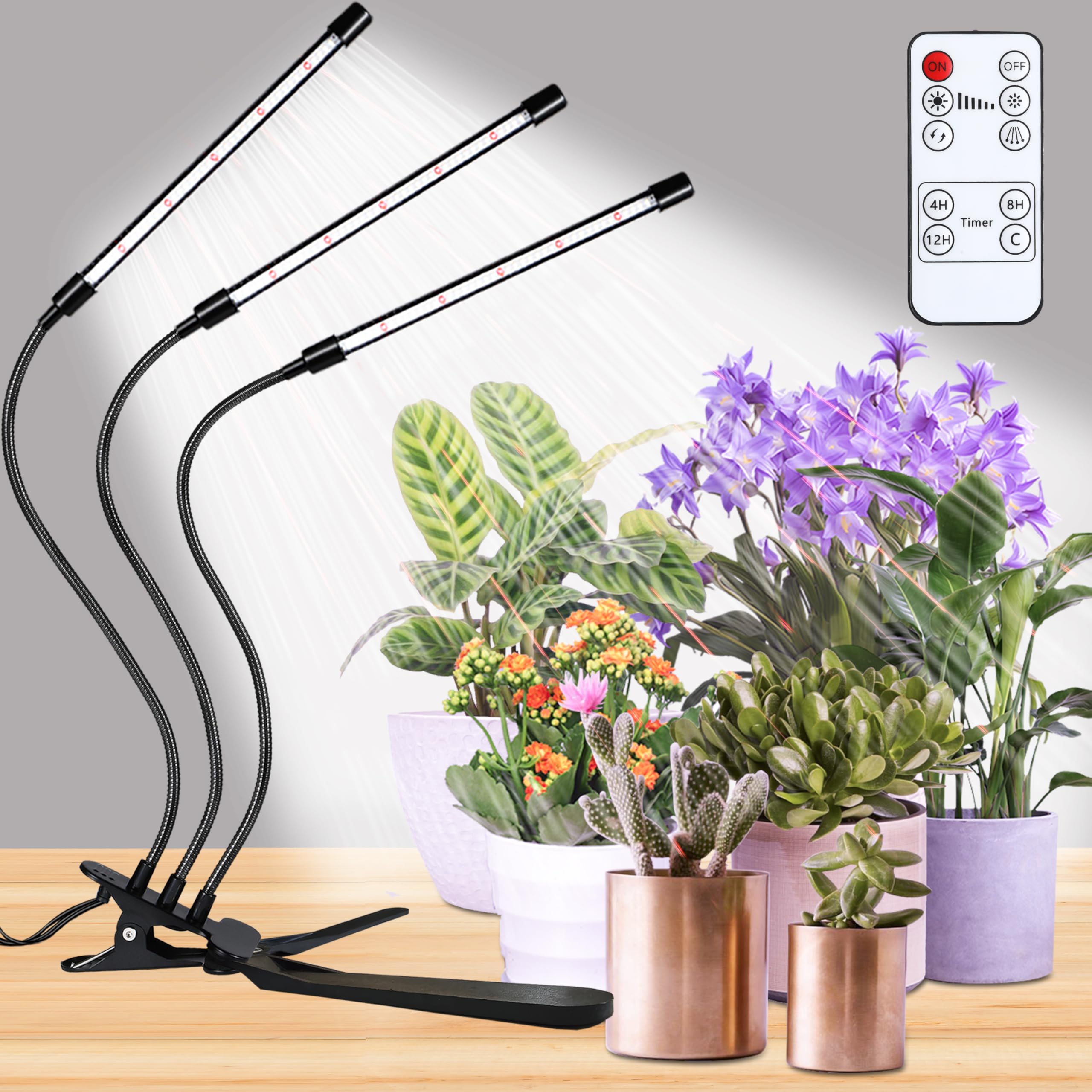 

LED Clip-On Plant Grow Light, Triple Head with Flexible Gooseneck, 4/8/12 Hour Automatic Timer, Full Spectrum, 3 Modes, 10 Levels of Dimming, for Indo
