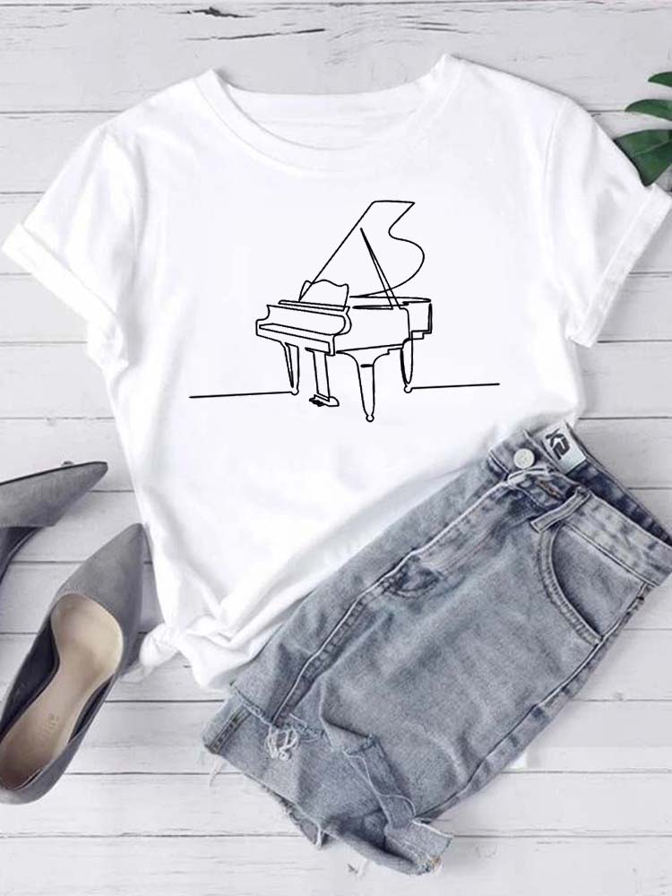 T-shirt Mode Femme Imprimé Notes de Musique T-shirt Décontracté Hauts Noirs Années 90 Dames Filles T-shirt FeUnisex Harajuku T-shirt Graphique