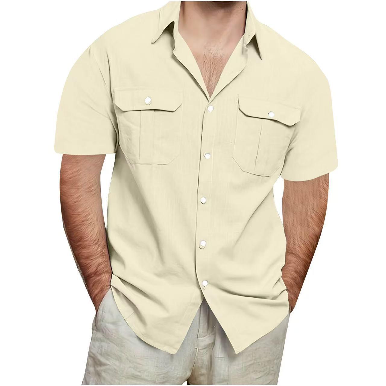 

Летние мужские рубашки с коротким рукавом и двумя карманами, однотонные свободные повседневные рубашки для мужчин 3XL абрикосовый