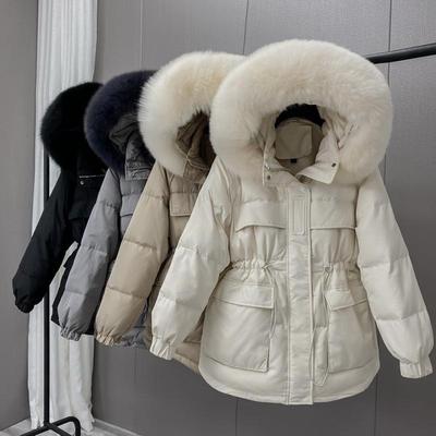 Winter Weiße Ente Unten Jacke Frauen Fuchs Pelz Kragen Kurze Kapuze Unten Mantel Weibliche Einstellbare Taille