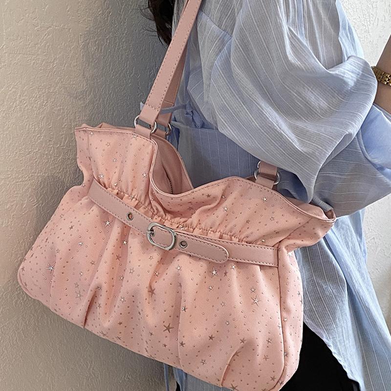 Fashi Pleate Star Handbag,korean Exquisite Leather Strap Decorate Underarm Bag,casual Large Capacity Commuter Bag With Pendant