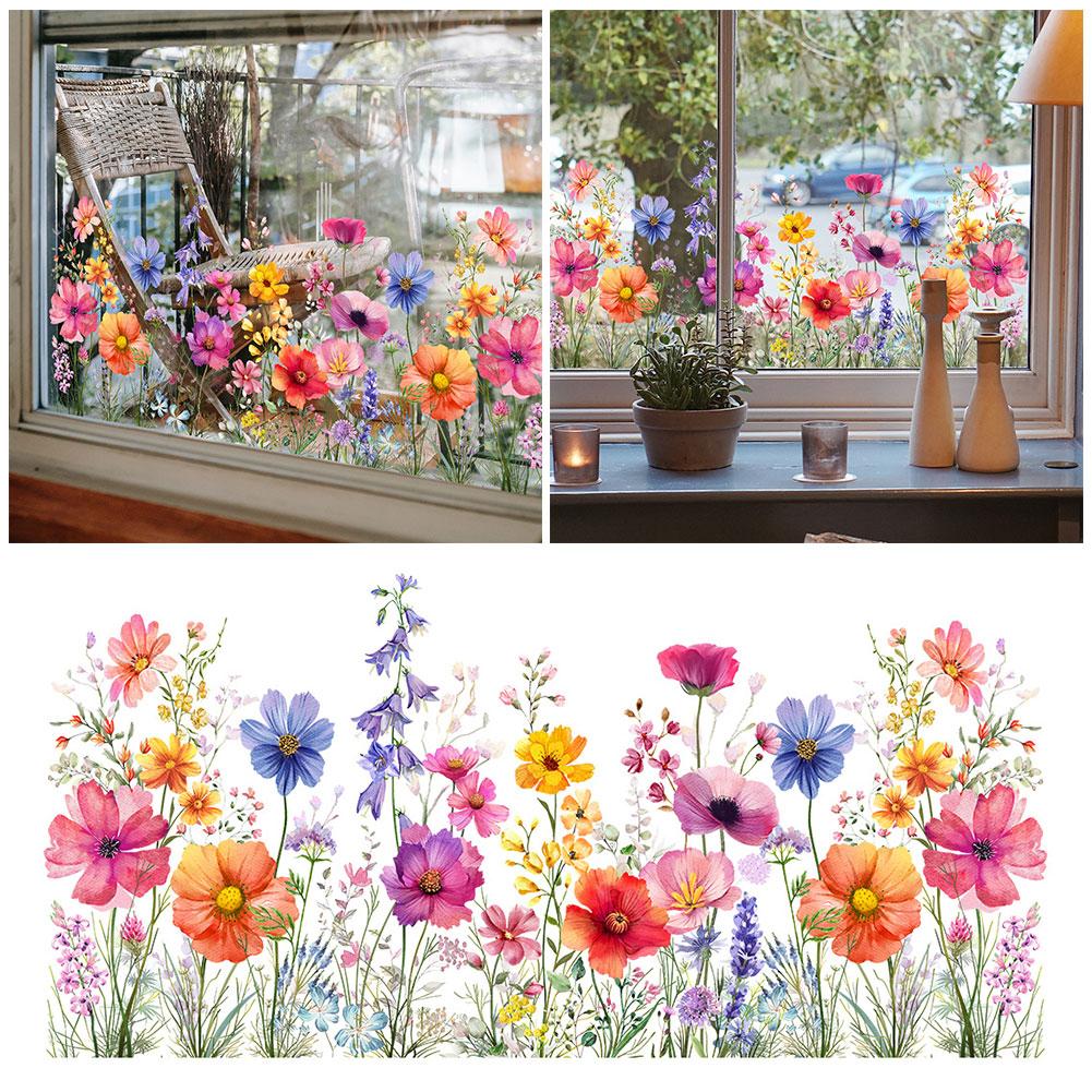 Dubbelsidig väggdekal med färgglada blommor, fjärilar, elektrostatisk lim, fönsterglas, synlig dekorativ väggdekal