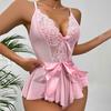 Women Bedroom Bodysuit V Neck See-through Lace Patchwork Bow Ruffle Playsuit Off Shoulder Backless Adjustable Spaghetti Strap Nightdress for