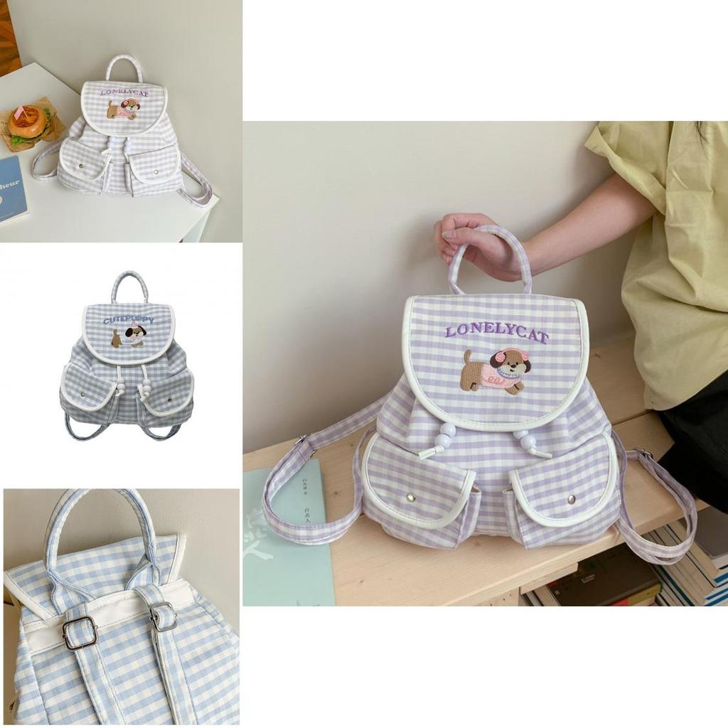 Cartoon Dog Embroidered Checkered Pattern Mini Backpack For Girls With Nylon Interior For Daily Use