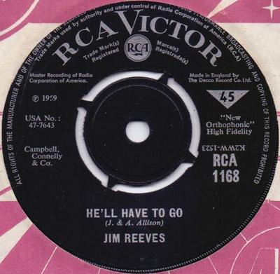 7-Zoll Schallplatte JIM REEVES - He'll Have To Go / In A Mansion Sta RCA1168 RCA Victor, RCA 1959 UK Pop Gebraucht