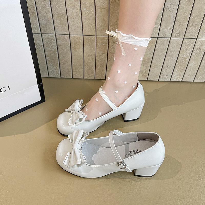 Modne Urocze Buty Mary Jane z Węzłem Motylkowym Damskie Zwięzłe Grube Obcasy Skórzane Japońskie Buty Lolita Damskie Płaskie Czółenka Mokasyny