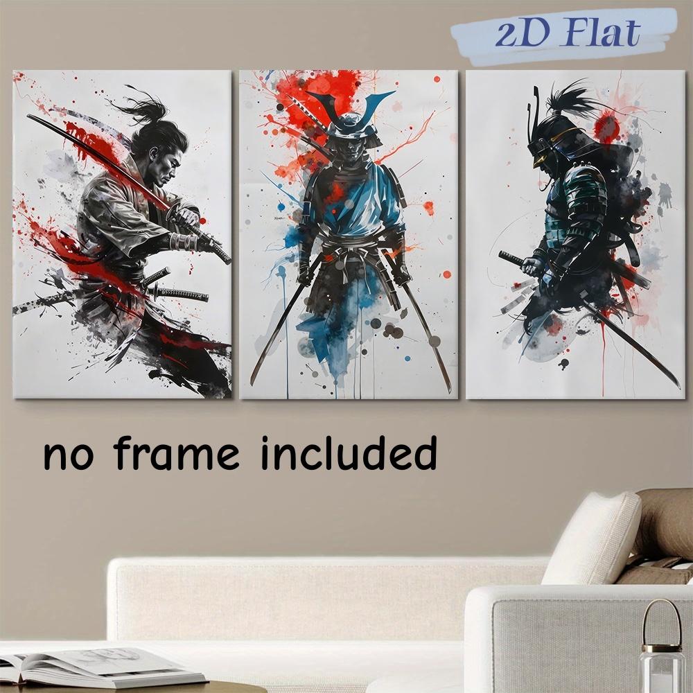 

3-piece set of Samurai swordsman frameless canvas decorative paintings in Japanese ink style living room, bedroom, office wall d (as the picture,20x30cm-3pcs)