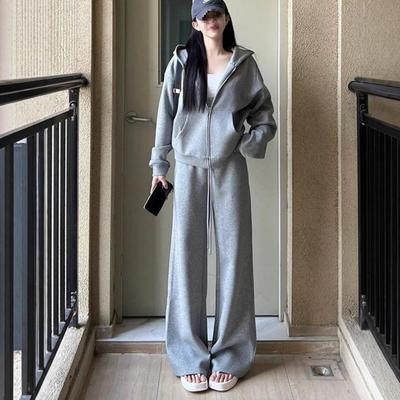 Women's Loose Fit Korean Style Sports Set: Zipper Hoodie and Long Pants for Spring/Autumn
