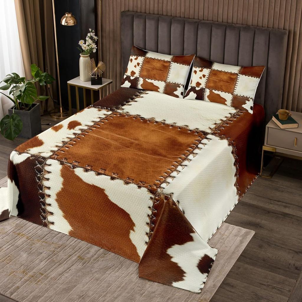Cowhide Coverlet Set Farm Animal Fur Bedspread Queen/Full for Boy Girl Bedroom 2/3 Pcs Western Rustic Cowboy Farmhouse Quilt Set