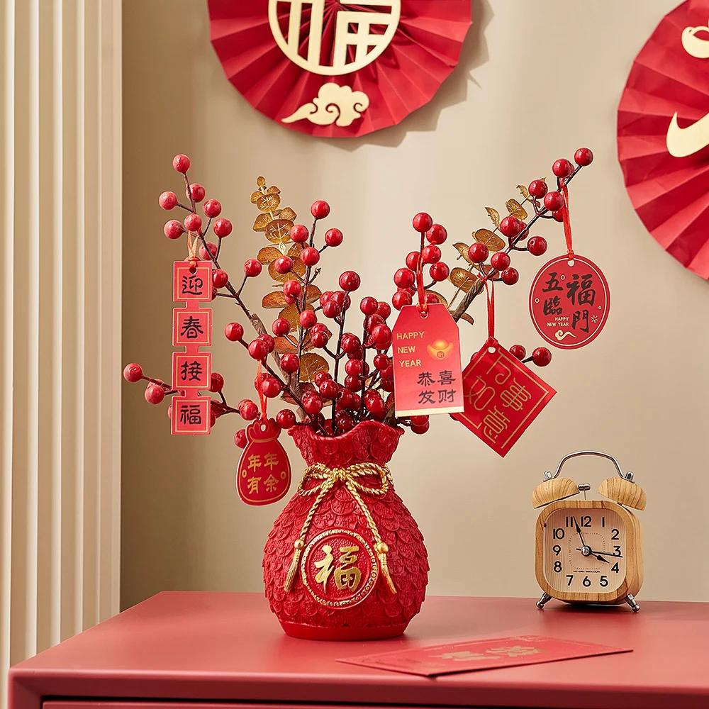 Creative New Year Living Room Decoration Gold Wheat Holly Fortune Fruit Vase Flower Arrangement Dry Flower Bag Vase