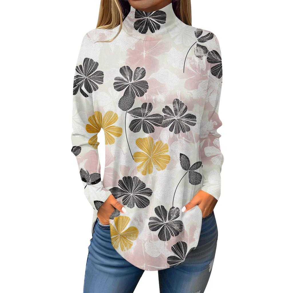 Tee Shirts For Women Fall Casual Long Sleeve Shirts Sweatshirt Vintage Printed High Neck Top Pullover