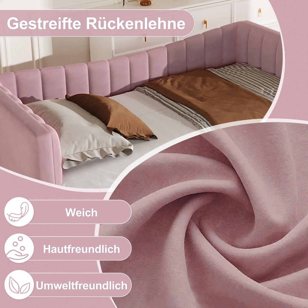 Daybed, 90 X 200 Cm (180 X 200 Cm) Upholstered Bed with Trundle Bed, Sofa Bed, Single Bed, Double Bed (Without Mattress), Velvet, Pink