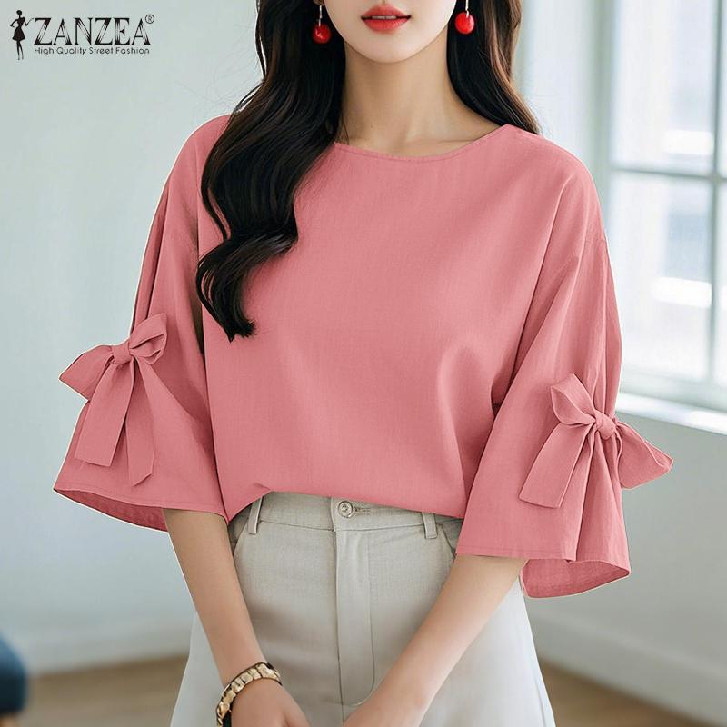 

ZANZEA Women Casual Round Neck Bow Patchwork 3/4 Sleeve Loose Blouse 4XL зелений