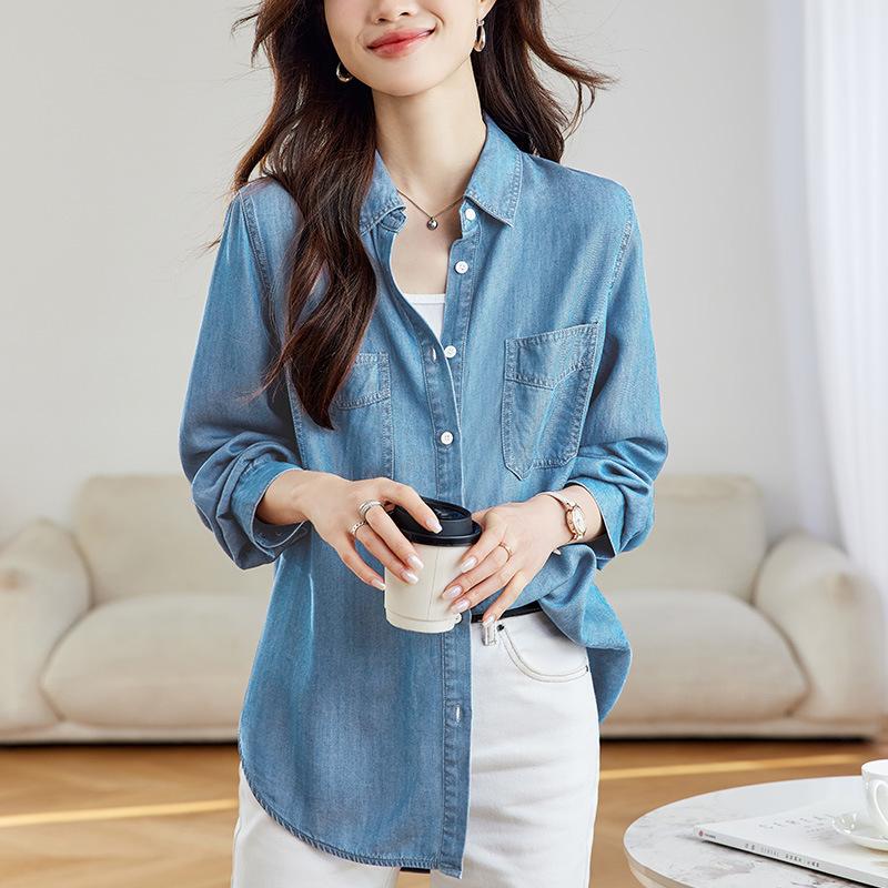 Vintage Stil Alte Jeansbluse für Damen Langärmelig Frühjahrs- und Herbstkleidung Neuestes Design Schulter Lagen-Top