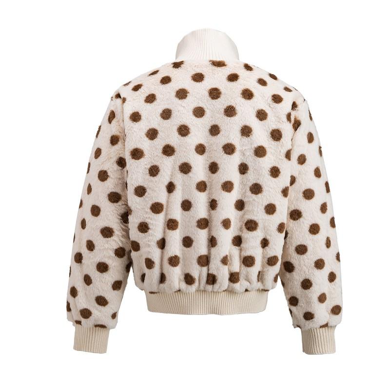 Womens Loose Fit Winter Cotton Coat Fleece Lined Polka Dot Stand Collar Casual Retro Style