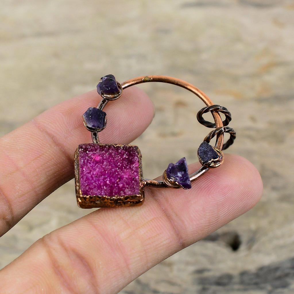 Pink Druzy Pendant Electroformed Copper Pendant African Amethyst Rough Pendant Electroformed Jewelry Handmade Gemstone Pendant Gift For Him