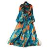 French retro elegant dress women's autumn new sweet fungus edge splicing long-sleeved waist printing chiffon skirt